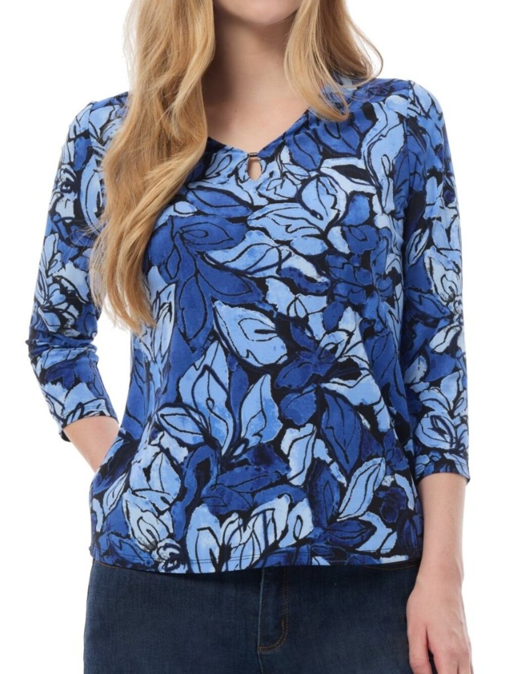 Jones New York Women's Size PM Floral V-Neck Keyhole 3/4 Sleeve Blue Top NEW